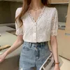 Summer Corean Vieli a V-Stitching Women Shirts Short Shorted Slow Out Tops Female Tops and Blouse 13985 210427