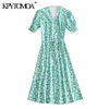 Women Fashion Floral Print Wrap Midi Dress V Neck Short Sleeve Bow Tie Sashes Female Dresses Vestidos 210420