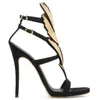 Sexig Svart Suede Guldmetallblad Vinge Sandaler 120 mm Stiletto Heels Summer Woman Gladiator Buckle Strap skär ut festskor