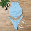 Maillot de bain bleu col haut coupe maillots de bain femmes sexy string bikini attaché haut maillot de bain femme brésilienne ensemble maillot de bain natation 210520