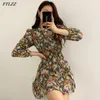 Wiosna Jesień Kobiety Elegancki Rękaw Puff Rękaw Kwiatowy Drukuj Dress Casual Lady Seaside Beach Vintage Długie Mini 210423