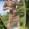 Camicetta estiva da donna vintage crop shirt streetwear scozzese da donna top elegante abbottonatura top coreano arancione 210520