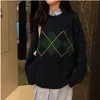 Coréen Collège Style Automne Hiver Motif Géométrique Argyle Pulls Lâche Surdimensionné O-Cou Chandails Tricotés Femme Jumper Mujer 210812