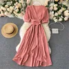 Women Summer Dresses Midi French Dress 2021 Sweet V-Neck Puff Sleeve High Waist Elegant Solid Woman Female Clothing Year Women's Swimwear