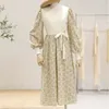 シックな韓国の洋服のデザイン春の長袖のエレガントなパッチワーク編み物のドレス女性花柄プリントビンテージドレスvestidos 210514