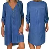 Femmes Automne Bleu Demin Lâche Mini Robe Casual Col V Profond Demi Manches Style Coréen Robes Solide Automne Chemise Courte 210507