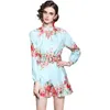 Femmes d'été Designer élégant vert clair imprimé floral deux pièces ensemble femme lanterne manches chemise haut + short à jambes larges ensembles 210525