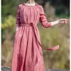 Automne Vintage Simple Atmosphère Simple Robe lâche avec ceinture Taille minceur à manches longues Jupe à col carré Femmes 210514