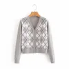 Women's Cardigan Vintage Stylish Geometric Pattern Short Knitted Sweaters Fashion Long Sleeve England Style Chic Outerwear Tops 210521