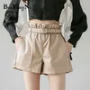 Wysoka talia szorty damskie vintage luźne pu skórzane kieszenie pasek bejski bramkarek mody koreańskie eleganckie krótkie spodnie 210506