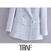 TRAF Kadınlar Moda Çift Göğüslü Tüvit Çek Blazer Ceket Vintage Uzun Kollu Cepler Kadın Giyim Şık Veste 210930