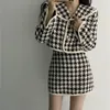 Hahnentritt-Tweed-Zweiteiler-Set für Damen, Kurzmantel + Mini-A-Linien-Rock, Anzüge, koreanische Vintage-elegante Damen-2-teilige Outfits 210513