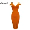 CIEMIILI Spaghetti Strap Solid Women Bandage Dresses Hollow Out Sleeveless MidCalf VNeck Night Club Party Fashion Dresses 210401