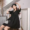 Vintage Lolita Noir Mini Robe Femmes D'été Élégant Col En V Élégant Fluffy Crop Robes Fête Y2K Taille Haute Fée Vestidos 210417