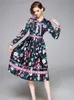 Lente Runway Hoge Kwaliteit Bow Hals Vintage Flora Print Party Jurk Vestidos Robe Femme Elegante Dot Print Midi Jurk 210529