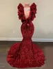 Elegant Plus Size Red Shiny Mermaid Evening Dresses Sequined Deep V Neck Ruffle Prom Gowns Formal Sweep Train Formal Party Wear Dress Custom Made