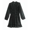 Zwarte print lange mouwen jurk vrouw herfst hoge hals chiffon ruche mini vrouwen elastische taille vintage elegante ES 210519