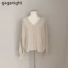 Gaganight Knit Mulheres Camisola Elegante Primavera Outono Moda Sólida Casual Loose Cardigan Beading Único Breasted Ruffles Kardigan 210922