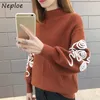 Neploe Elegant Chic Embroidery Pattern Lantern Sleeve Tops Autumn Winter Knitted Women Sweater Casual Turtleneck Pullover 210423