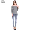 Cotton T Shirt Off the Shoulder Tops for Women Gray Color Long Sleeve Spring Winter T-shirt Woman Clothes Tee Shirts Clothing 210416
