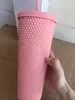 Canecas de plástico rosa fosco 2021 Starbucks com tachas 710 ml com suprimento de fábrica de palha 191s