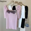 Neploe T-shirt in seta di ghiaccio con fiocco in rilievo e maniche corte in seta estiva con cuciture in pizzo e maniche a sbuffo in maglia elasticizzata per donna Top slim 210422