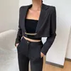 Fashion-Women Punk Style Blazers Casual Metal Chain Black Suit Vintage Autumn Long Sleeve Blazer Korean Fashion Streetwear Cropped Tops