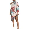 캐주얼 드레스 플러스 사이즈 드레스 의류 여성 패션 초커 공작 공작으로 인쇄 한 어깨 불규칙한 주름 밑단 2021 여름 멍청이 220r