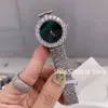 Mode beroemde merk vol met AAA zirkons luxe vrouwen horloge malachiet wijzerplaat kwarts ronde cirkel diamant groene dame mesh stalen polsband horloge