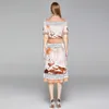 Sommar Runway Designer Bow Neck Pleated Dress Kvinnor Kortärmad Sm Spets Patchwork Blommigryck Vintage Kvinna Elegant Midi Dress 210514