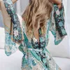 Boho Impreso Bikini Cover-ups Vintage Self Belted Long Kimono Dress Túnica de algodón Mujeres Beach Wear Traje de baño Cover Up A154 210420