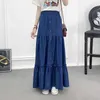 90cm Length Denim Tiered Maxi Skirt Spring Summer Casual High Waisted Washed Loose Long Cake Jeans Skirts B0N117N 210621