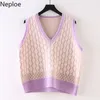 Neploe Vintage Szydełka Kwiatowe Swetry Kamizelka Kobiety V-Neck Bez Rękawów Dzianiny Pulowers Kamizelka Luźna Plaid Tank Tops Kobieta 210422