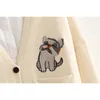 Women Cardigans Black Beige Embroidery Dogs Tops V neck Button Up Pink Spring wear Korean Style Knit Poncho 210430