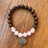 Charm Bracelets Garnet Stone & Rose Q-uartz Beaded Bracelet Girl 8mm Natural Wrist Tree Of Life Yoga Energy Healing Boho Women