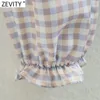 Kvinnor Vintage Stand Krage Plaid Print Cascading Ruffle Shirt Kvinna Breasted Blouse Roupas Chic Chemise Toppar LS9097 210416