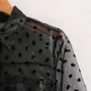 ヴィンテージセクシーな水玉透明オーガンザブラウス女性ファッションラペルカラーシャツエレガントな女性ネクタイベルト長袖トップ210520
