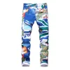 Men's Jeans Fashion Brand 3D Pattern Slim Skinny Printed Blue White Stretch Denim Pants Teenagers Over Flowers216g