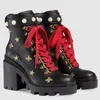 Luxury Bee Designer Women Luxury British Boots Round Toe Martin Boot Buckle Strap Chunky Heel Fashion Embroidered Ankle Sneakers Size 35-41