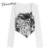 Yitimuceng Fake 2 Pieces Oregular T-shirts Kvinna Långärmad Square Collar Top Harajuku Sommar Koreansk Fashion Tshirts 210601