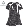 夏のヴィンテージの花のプリント弓アップリケ女性のドレスファッションVネックパフスリーブフリル因果的ミニAラインレディ210515