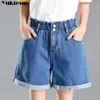 Vintage hög midja harem ruffle wide ben short jeans sommar kvinnor ljus blå denim shorts streetwear jean plus size 210608