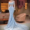 2022 Açık Mavi Mermaid Abiye Uzun Kollu Dantel Gelinlik Modelleri Kadınlar Örgün Giyim Payetli Vestido De Novia