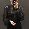 Korean Retro Lace Stand Collar Pearl Buckle Loose Long Sleeve Tops Stitching Women's Shirts See-through Blouse Blusas 13339 210521