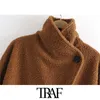 TRAF Women Fashion Faux Fur Loose Cozy Jacket Coat Vintage Långärmad Elastisk Hem Kvinna Ytterkläder Chic Teddy Overcoat 210415