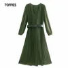Fashion V-Neck Pleated Print Midi Dress Long Sleeve Belt Army Green Women Chiffon Dresses Korean 210421