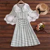 Mori Girl Sweet Lato Kobiety Sukienki Vintage Green Plaid Drukowane Navy Collar Bawełniane Pościel Midi Sukienka Femininos Vestidos 210520