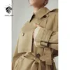 Fansilanen 100% Bawełna Khaki Długie Kobiety Trench Coat Jesień Zima Zwróć Kołnierz Kobiety Ubrania Przyczynowe Pełny Rękaw Pasek Trench 210812