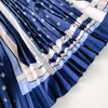 Surmitro Lato Midi Długa Plisowana Spódnica Kobiety Koreański Styl Vintage Niebieski Drukuj Wysoka Talia Mid Długość Spódnica Linia Kobieta 210712