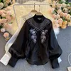 Chic Womens Long Puff Sleeve Singel Bresated Blouse Black White Fashion Flower Broderi Chiffon Shirts och Tops 210416